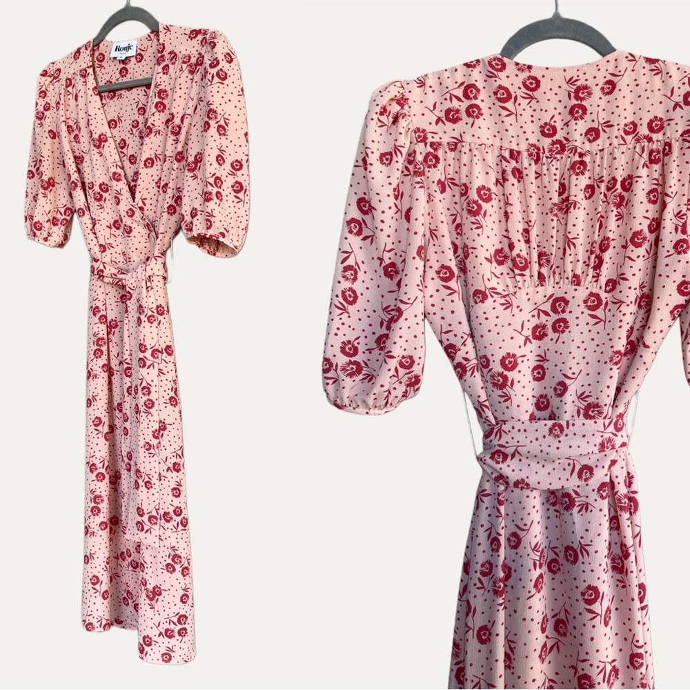 ROUJE Peach Pink Red Retro Classic Floral Dot Printed Rosalie Midi Wrap Dress - Picture 3 of 14
